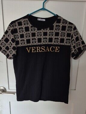Versace Black T‑Shirt with Gold Logo and Cream Geometric Print Mens Small